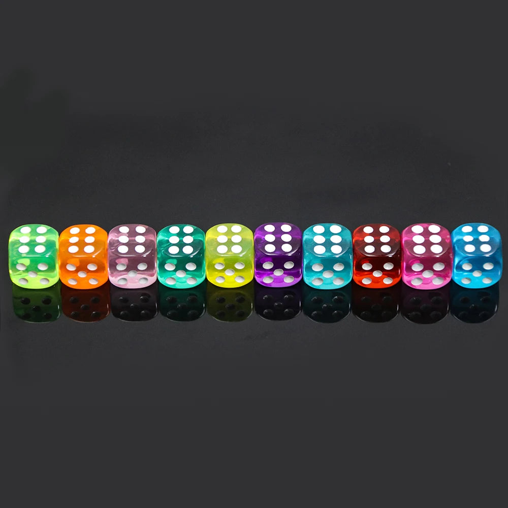 Multicolour transparent D6 dice arranged in a row