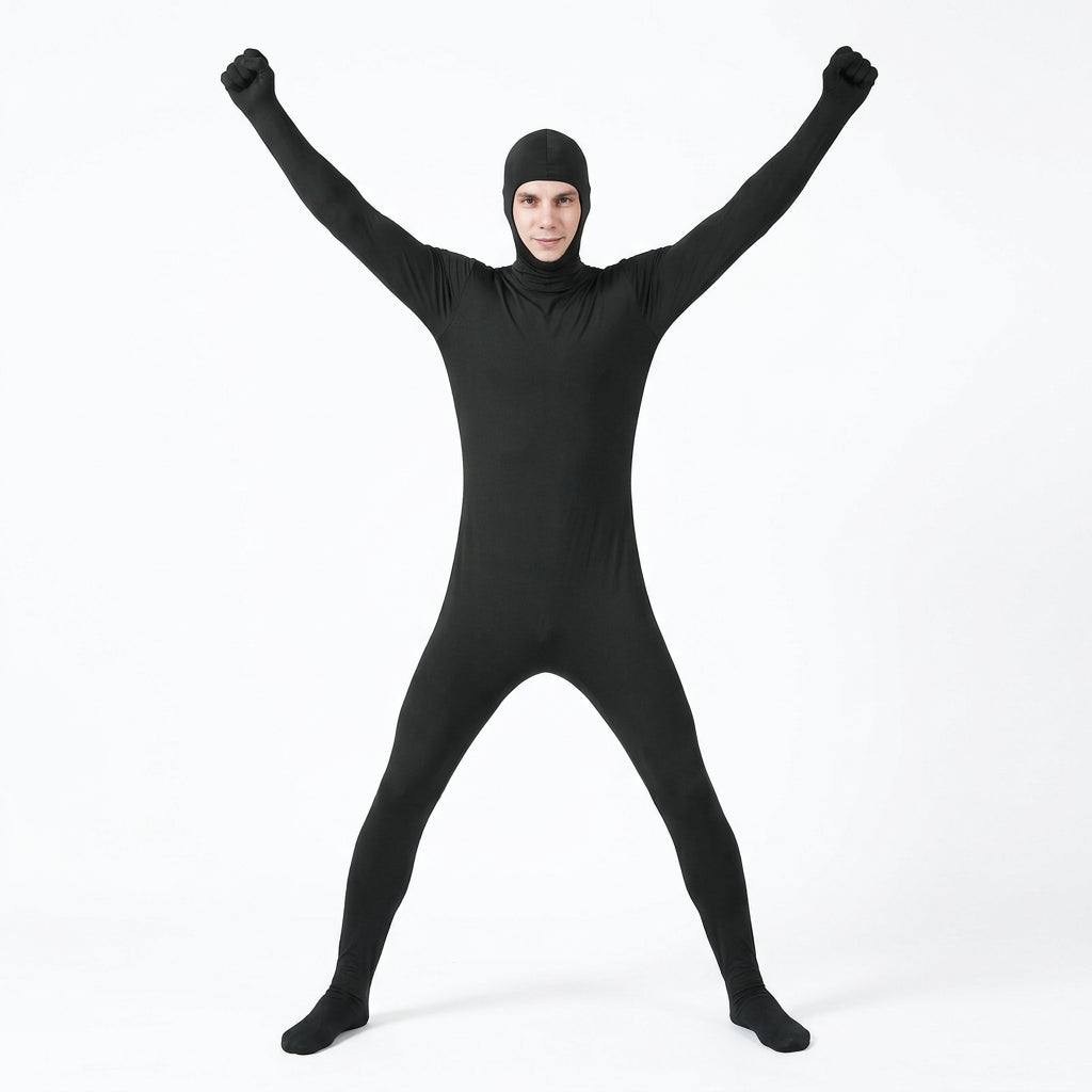Person wearing a black full-body suit on a white background