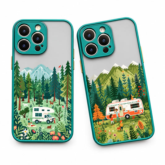Two phone cases with camping design on a white background