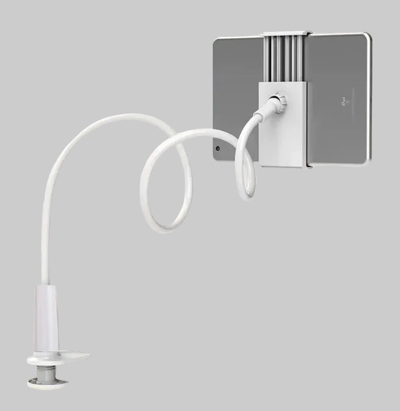 Gooseneck Tablet Holder With Flexible Arm and Clip in White