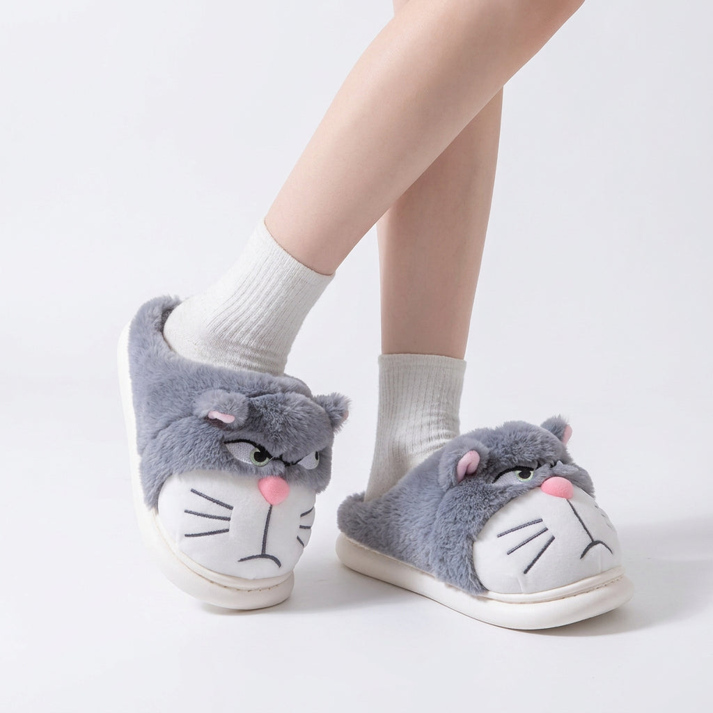 Grouchy Cat Plush Slippers – Funny Fluffy Indoor Slippers
