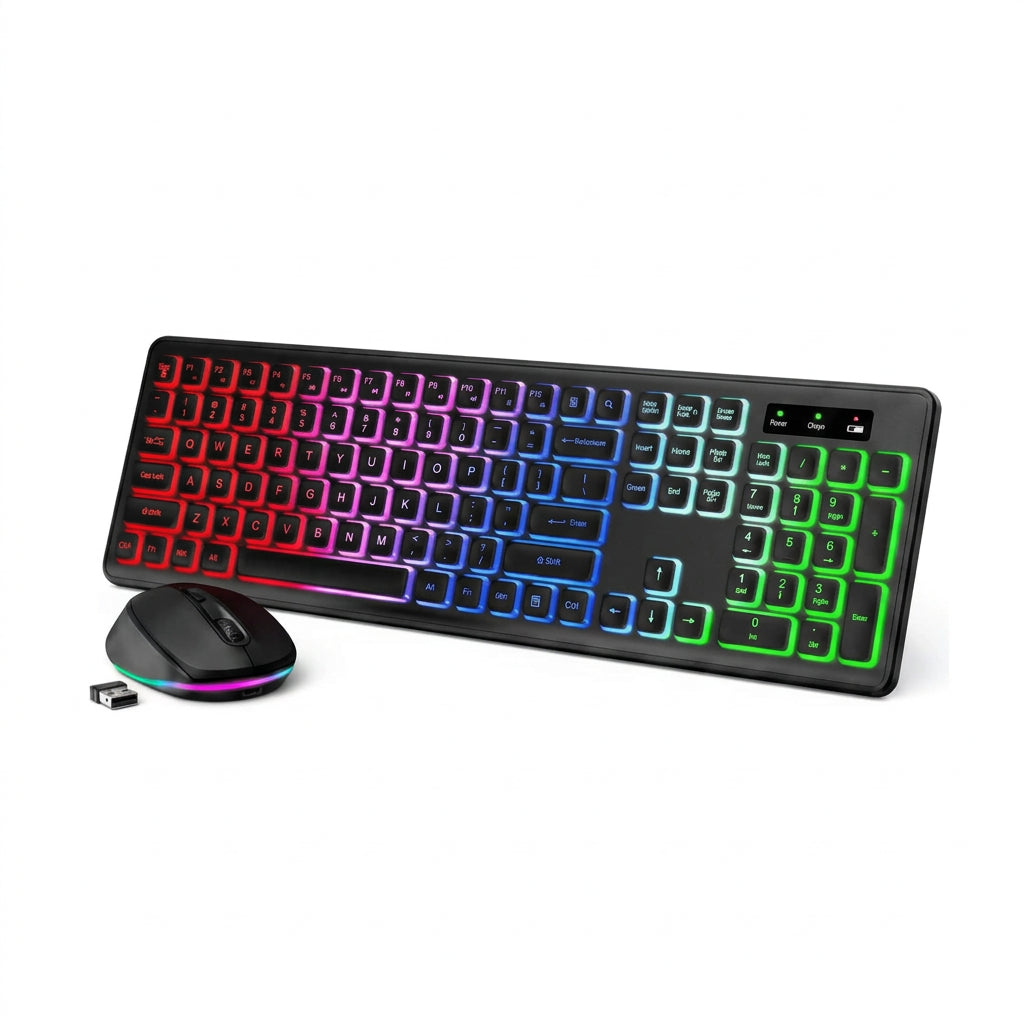 JOMAA full-size wireless English-layout keyboard and matching mouse with multicolour RGB backlighting.