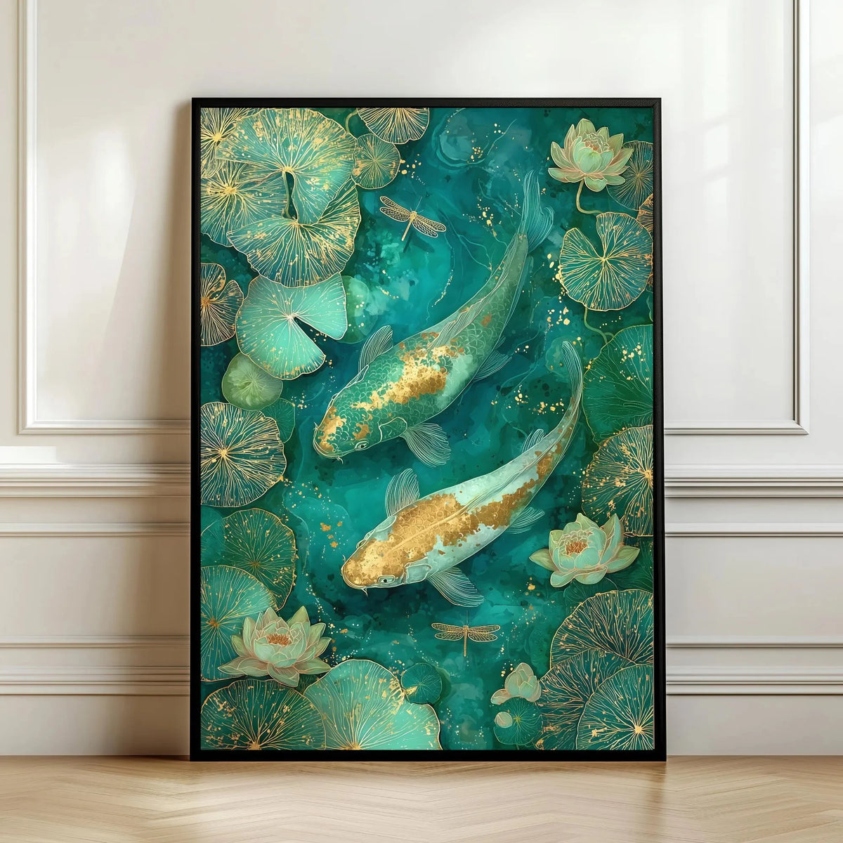 Framed artwork of koi fish and lotus flowers on a teal background
