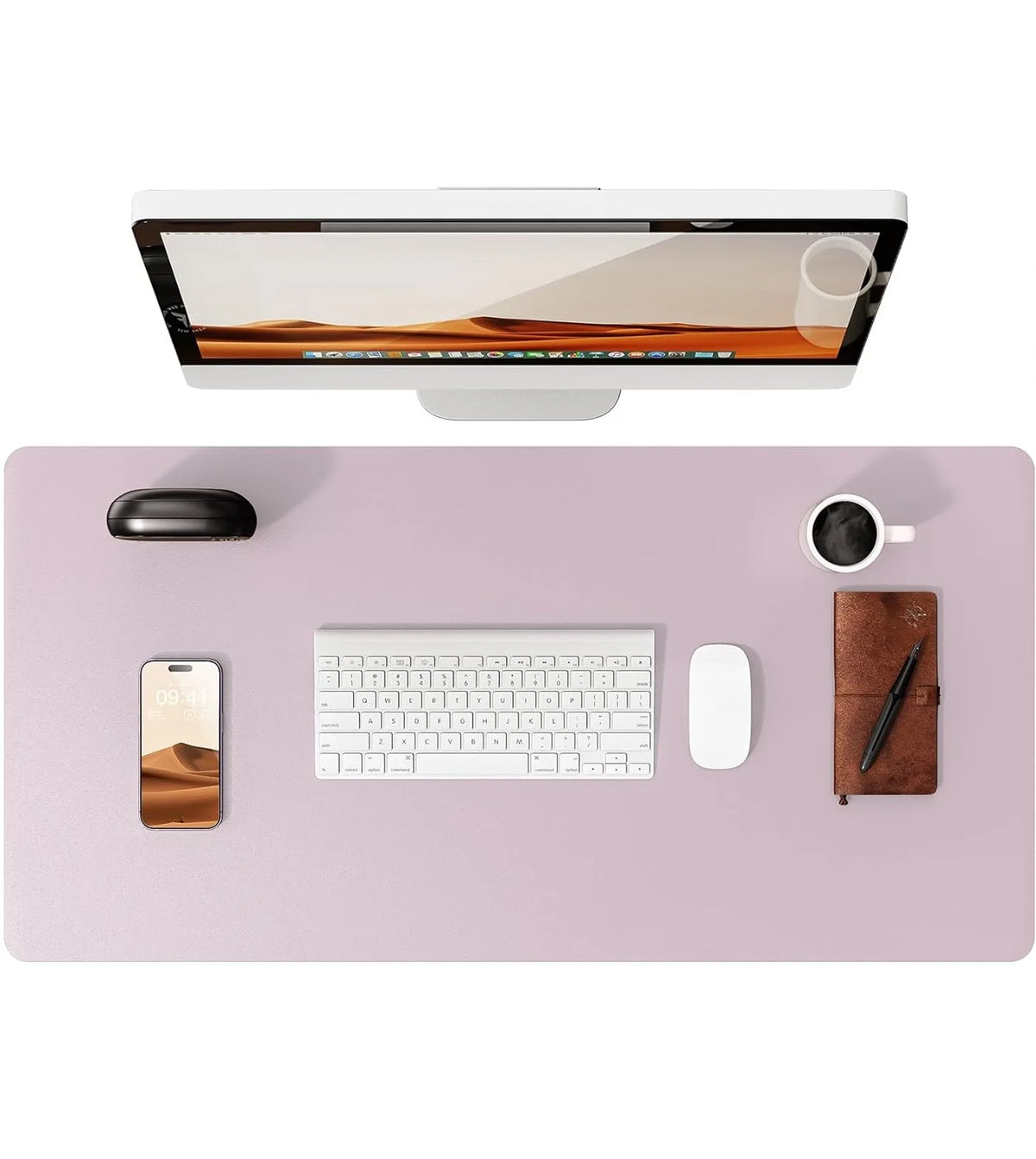 Pink PU leather desk mat with keyboard and mouse