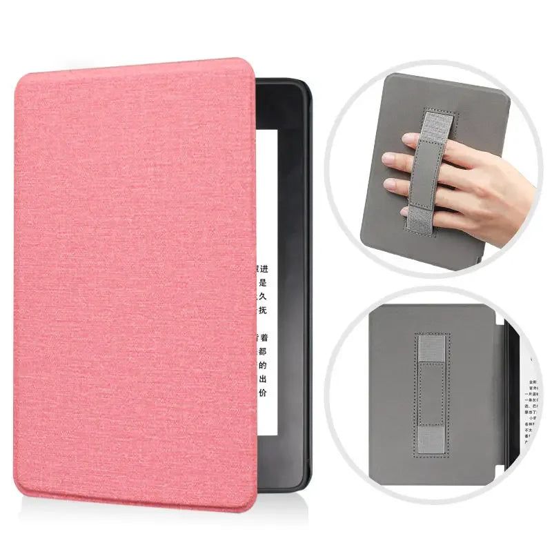 Pink and gray fabric Kindle cases for a device, with close-up of gray case on white background.