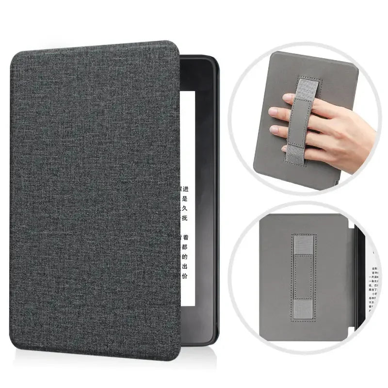 Gray fabric Kindle case with strap for electronic device, shown with a hand holding it.