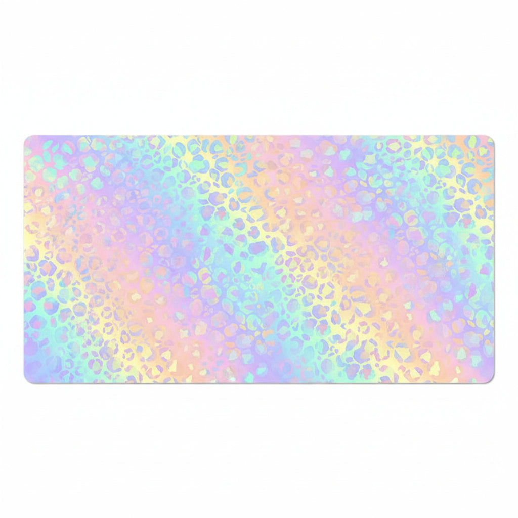 A rectangular desk mat featuring a pastel iridescent pattern with a leopard-like spot motif in shades of lavender, pink, yellow, and light blue, shown against a plain white background.