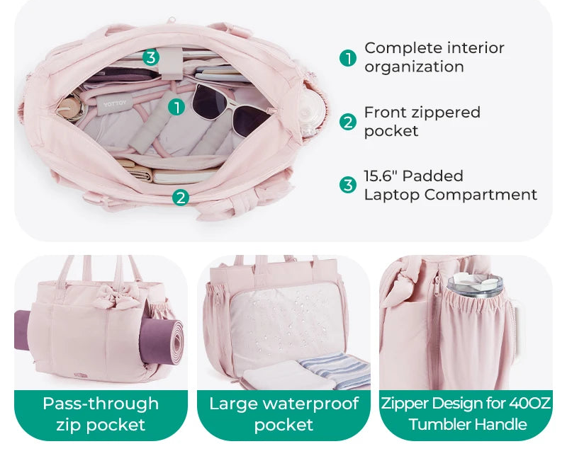 BAGSMART tote bag showing storage pockets, bottle pocket and luggage strap