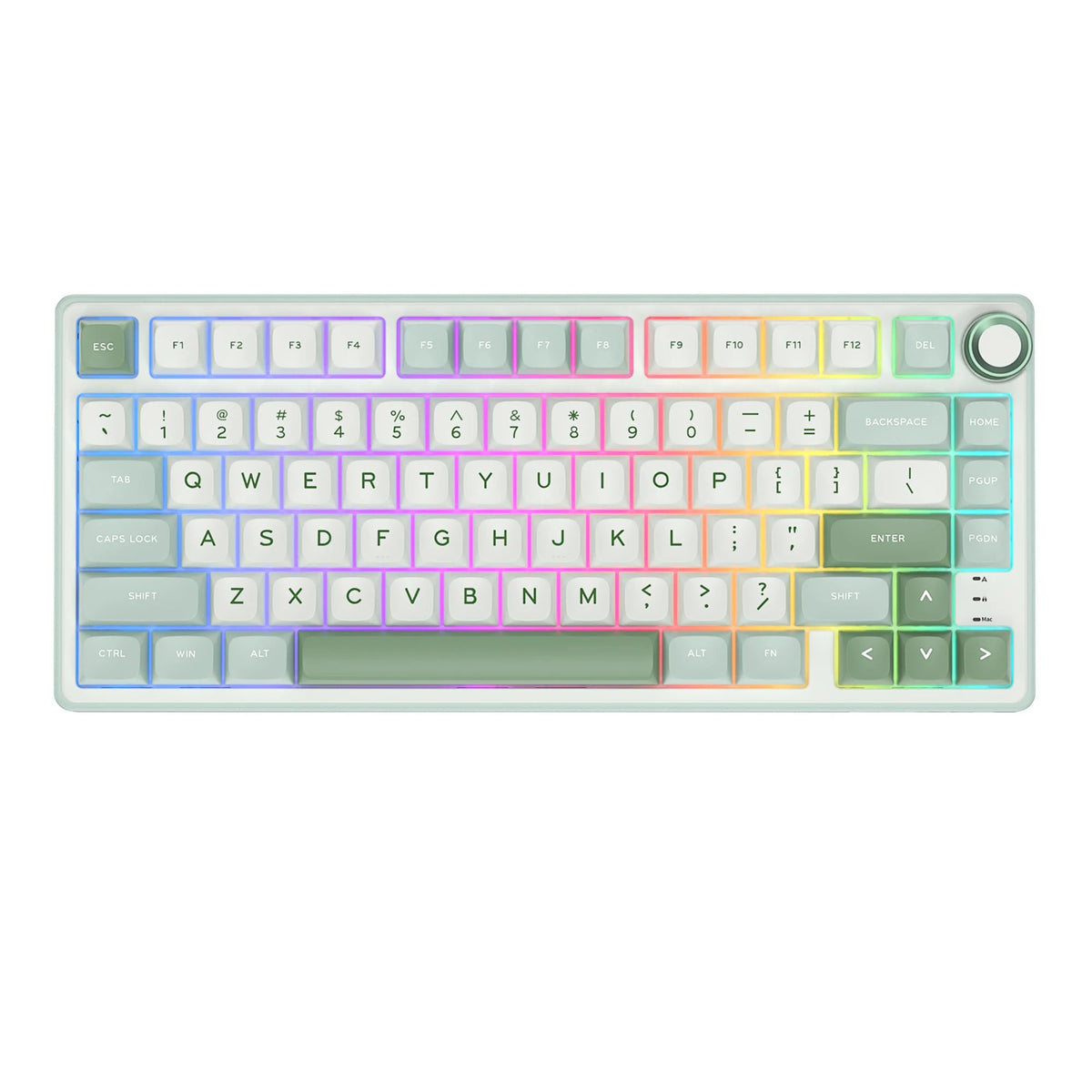 RK Royal Kludge R75 mechanical keyboard in the light green colour scheme with pale keycaps and multicolour RGB lighting.