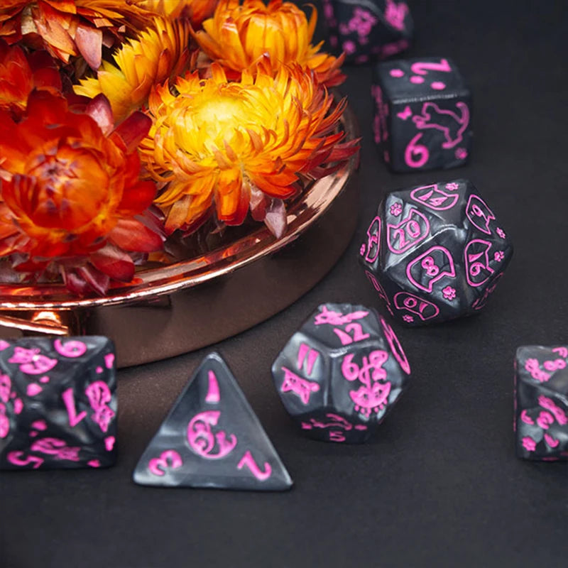 Black and Pink Cat 7pc Dice Set