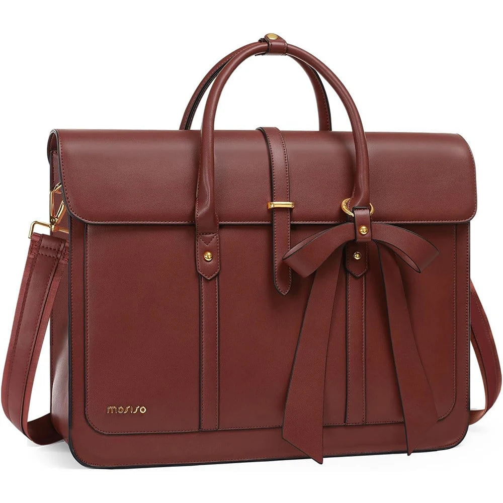 MOSISO bow PU leather laptop bag in brown