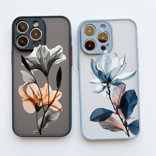 Two floral phone cases on a gray background