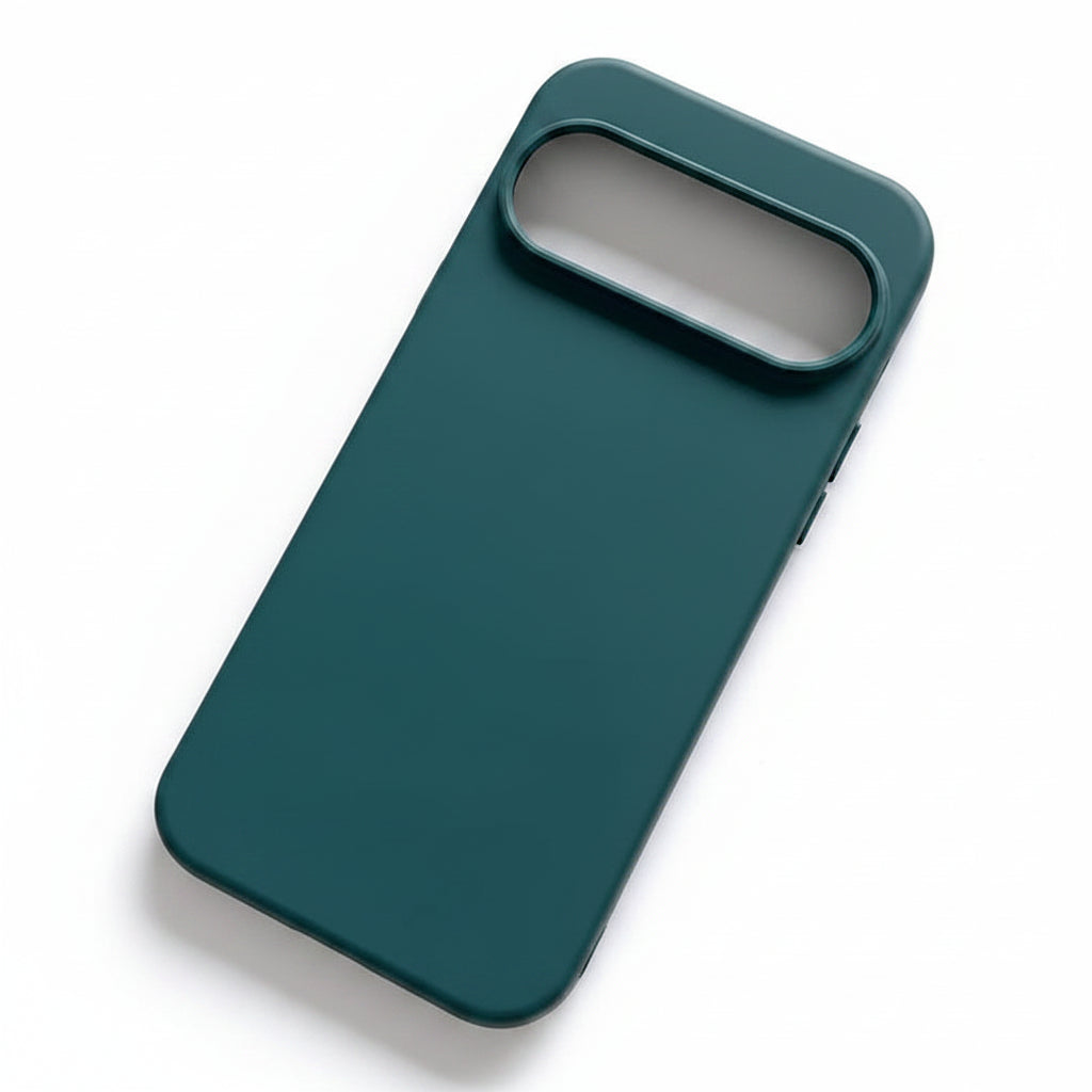 A matte dark teal green phone case with a raised camera bumper, shown from an angled top-down view on a white background.