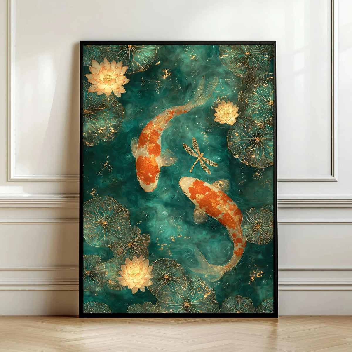 Framed artwork of two koi fish and lotus flowers on a teal background.