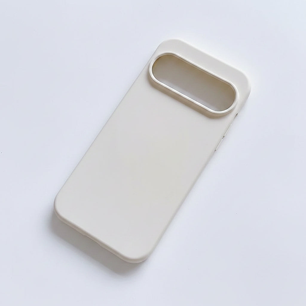 A minimalist matte off-white phone case with a large horizontal camera cutout, shown on a clean white background.
