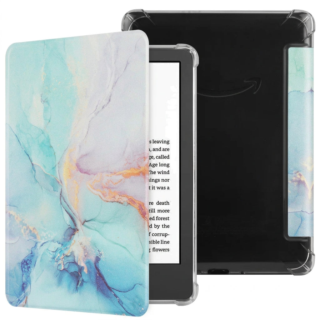 Kindle folio case with a turquoise and pale blue marble-inspired pattern.