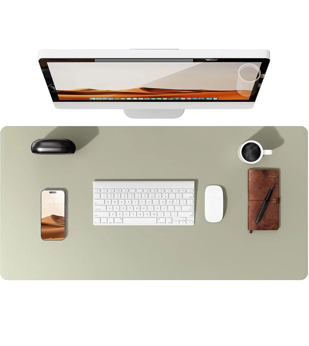 Light Green PU leather desk mat with keyboard and mouse
