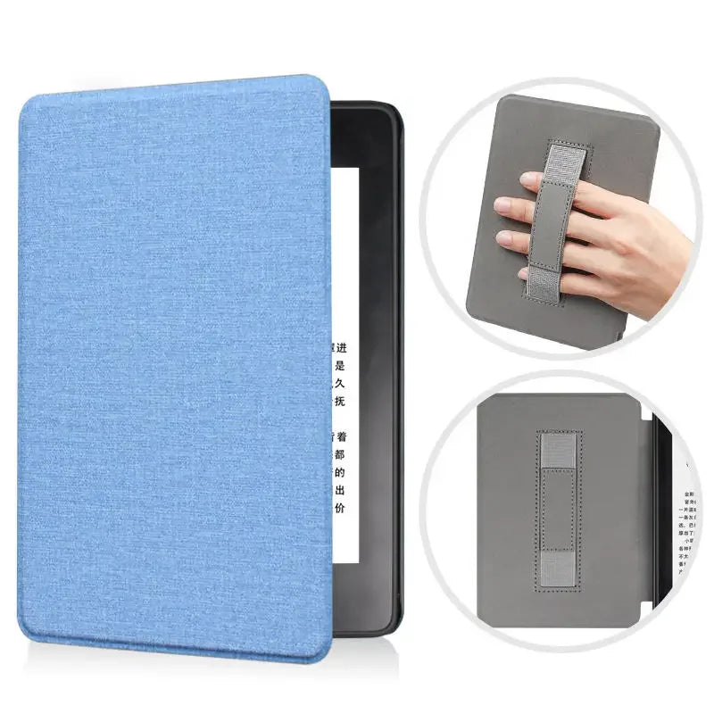 Blue fabric Kindle case for a device with close-up of gray case with strap.