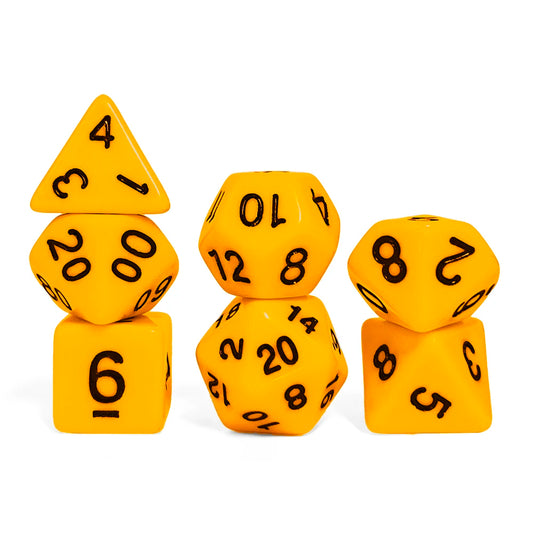Orange 7-piece RPG dice set with black numbers