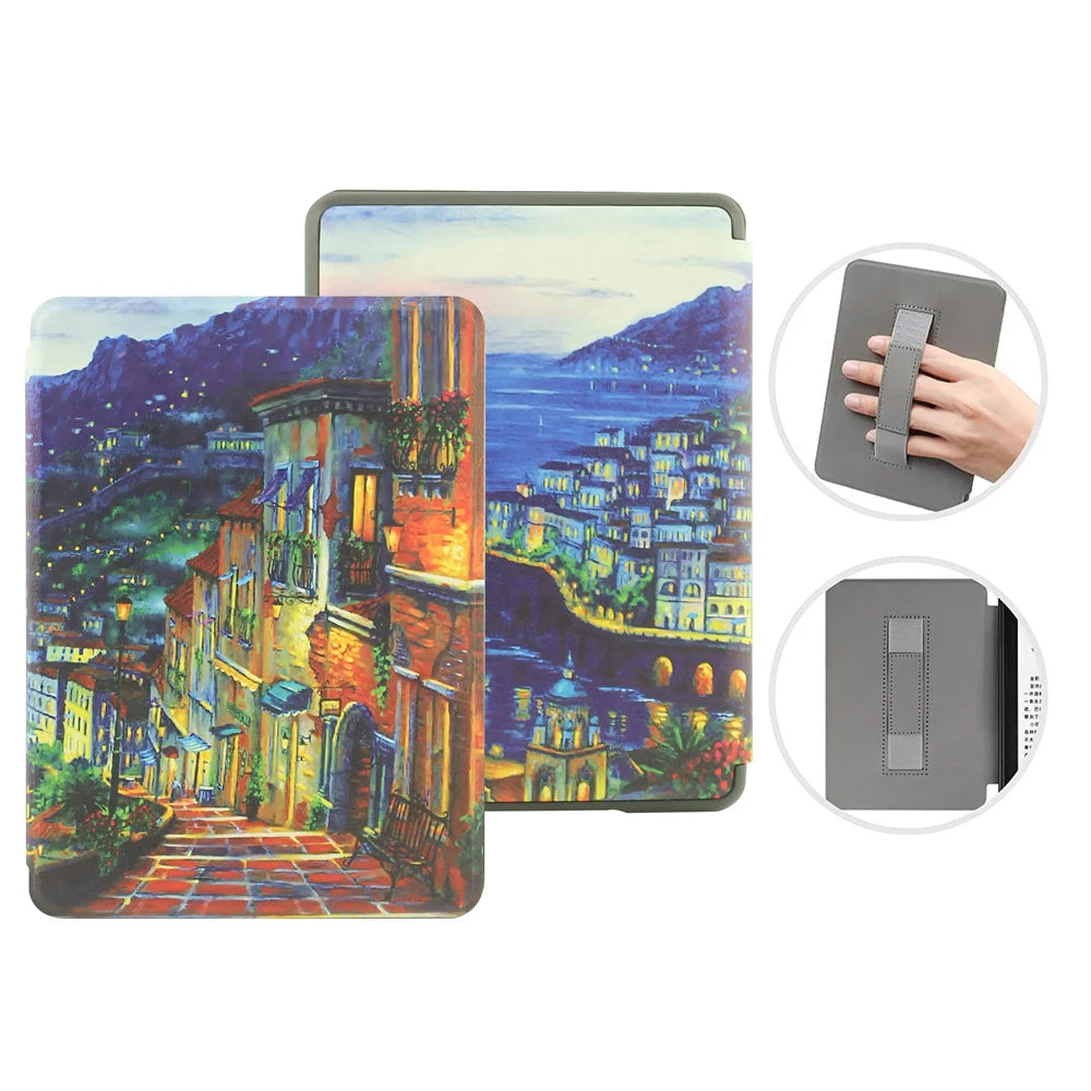 Colorful cityscape design on a Kindle case with additional views and usage examples.