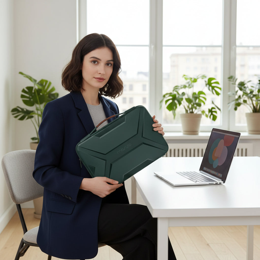 Person carrying a MOSISO hardshell laptop bag