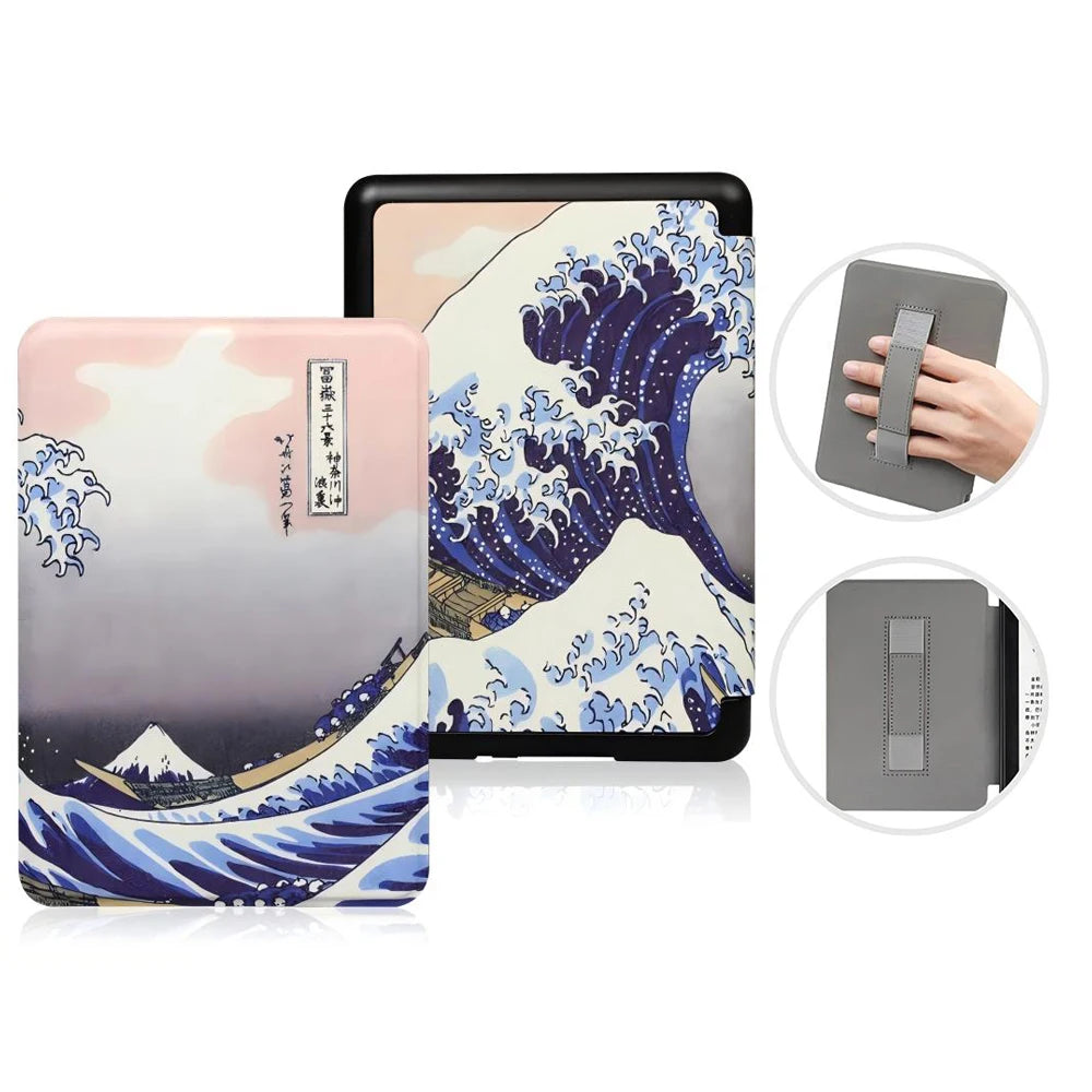 Kindle case with wave design and additional views of product use