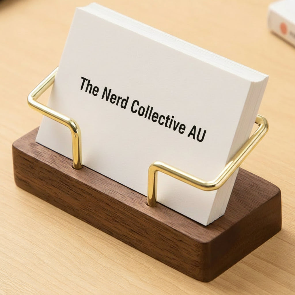 Wooden desktop business card holder with metal frame