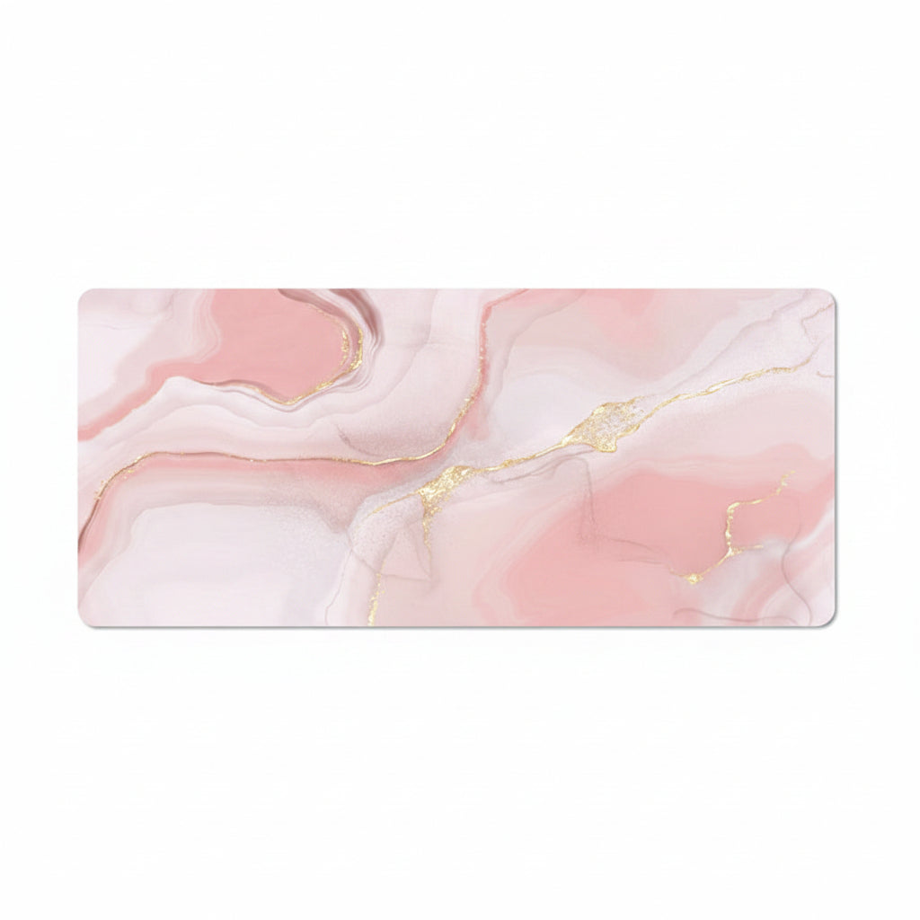 A large desk mat with a pink and white marble pattern and gold veins on a white background