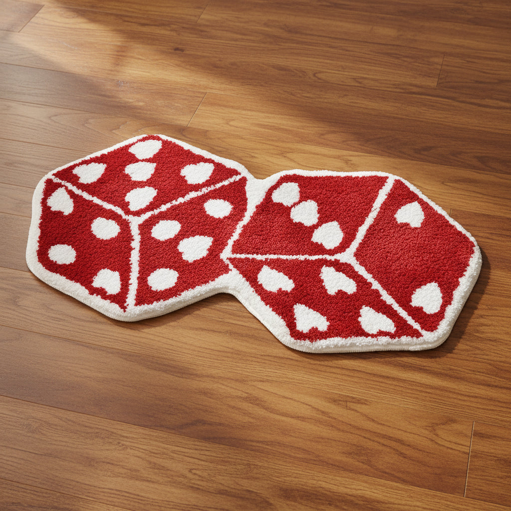 Red double-dice rug with white pips displayed on a wooden floor
