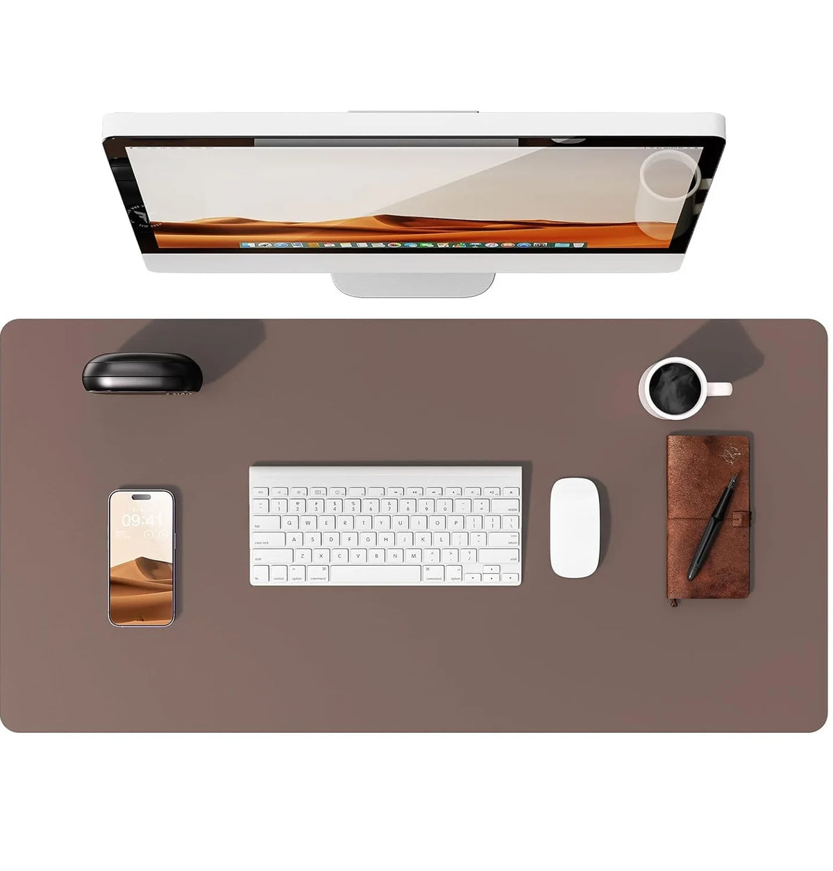Coffee Brown PU leather desk mat with keyboard and mouse