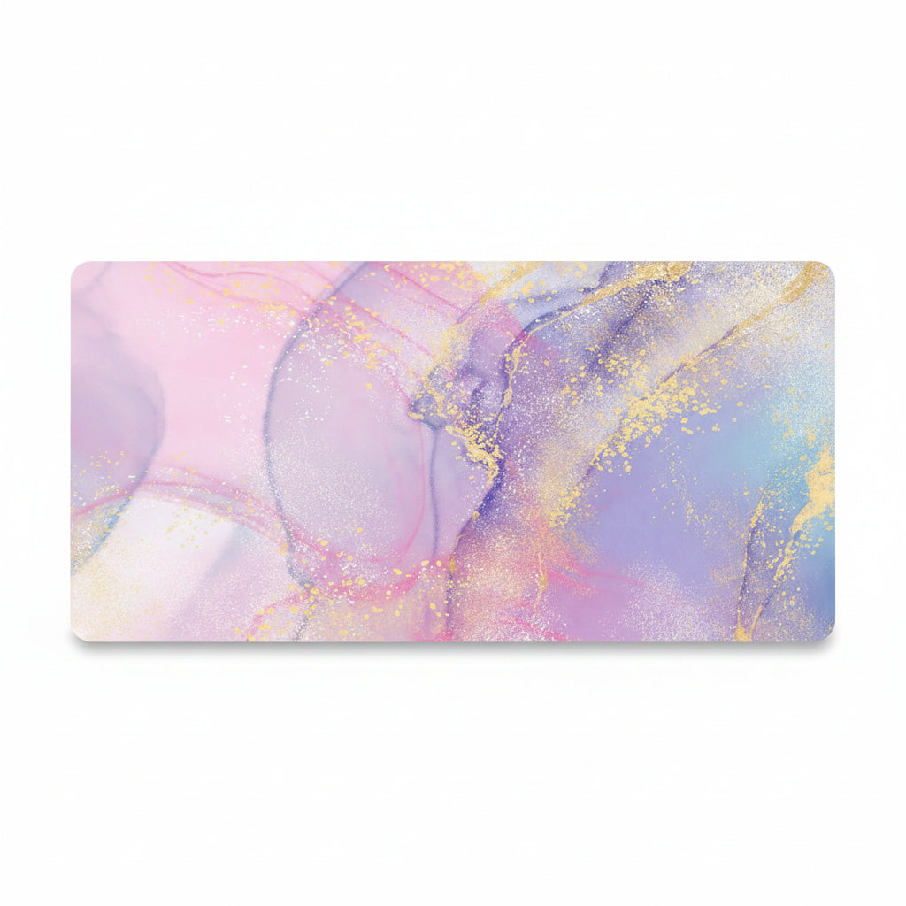 A rectangular desk mat with an abstract fluid art design in pastel pink, purple, and blue with gold glitter accents, shown on a white background.