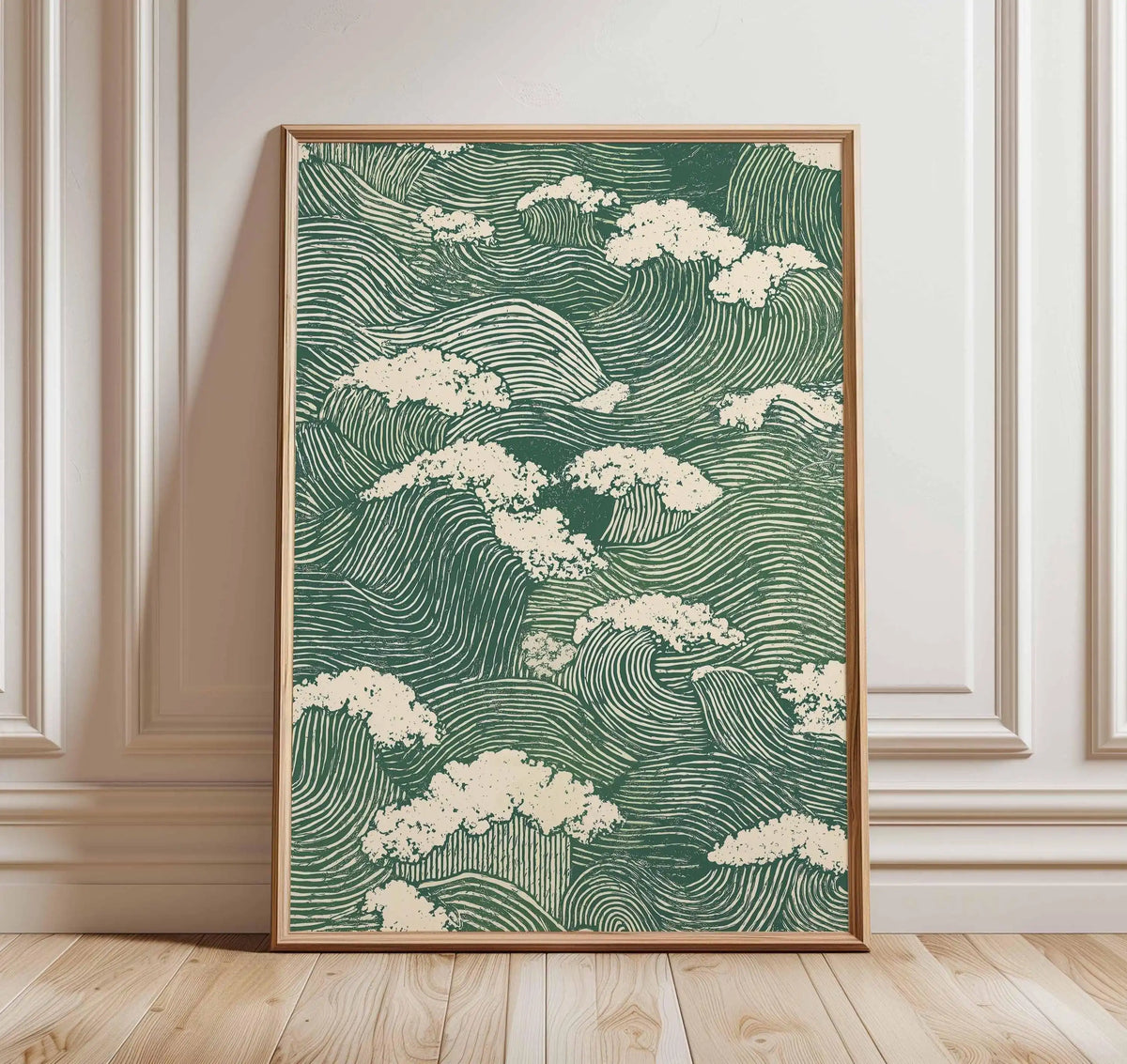 Framed artwork with wave and cloud pattern on a wall