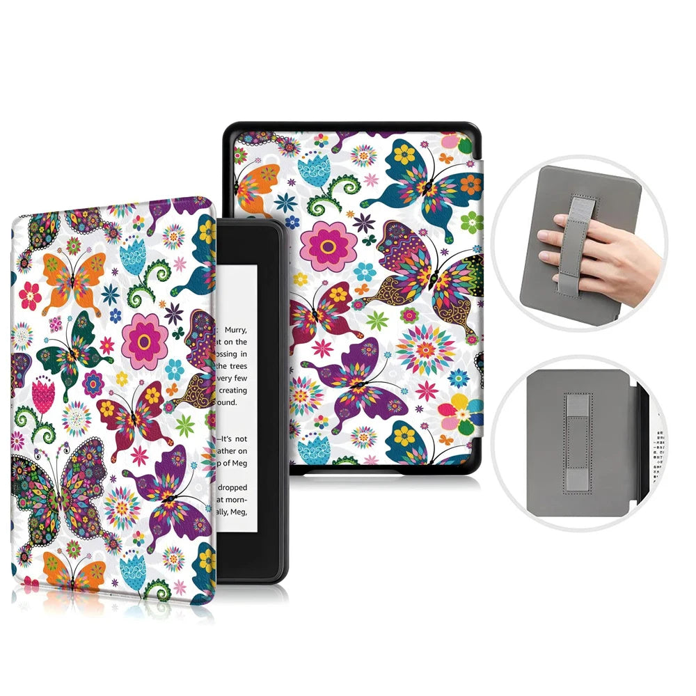 Colorful butterfly and flower design Kindle case for a tablet on a white background