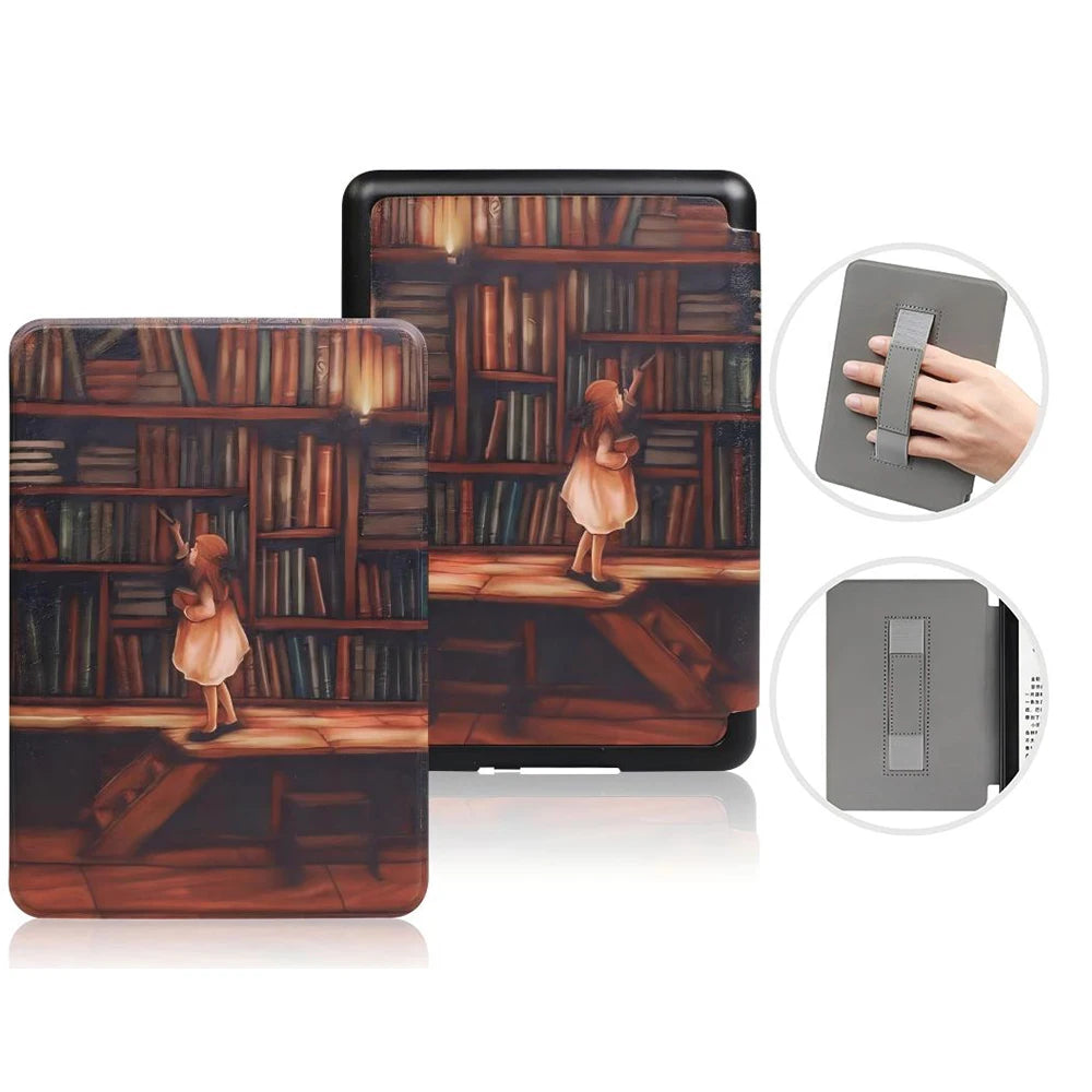 Kindle case with bookshelf design and small figure, shown from multiple angles on a white background.