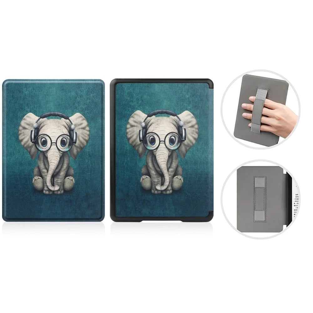 Two Kindle cases with an elephant design wearing headphones and glasses on a blue background.