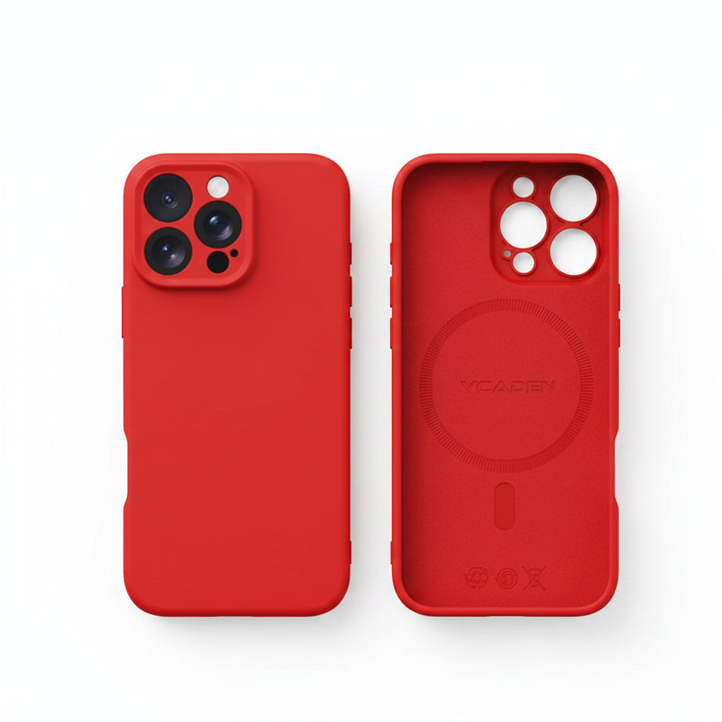 Red liquid silicone iPhone case showing front and rear