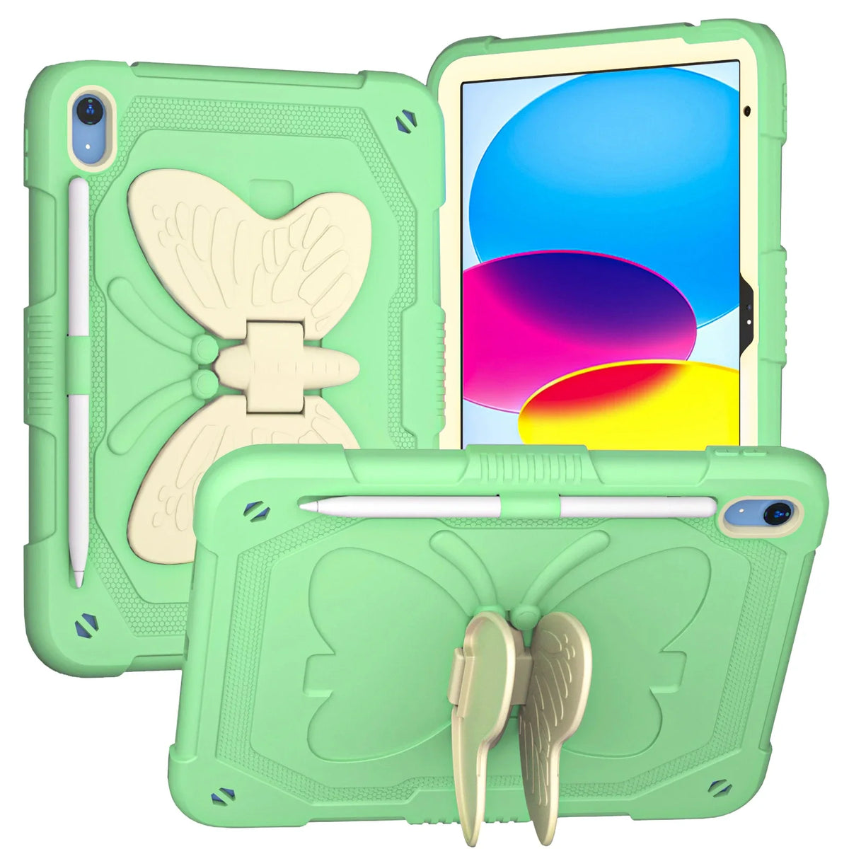 Green butterfly iPad case with folding stand and tablet fitted