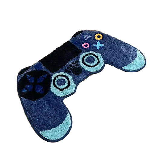 Gamer controller shaped rug in blue and white
