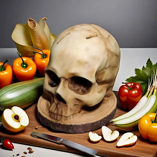 Skull-shaped knife block on a wooden base in a kitchen with vegetables