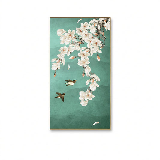 Vertical sage green canvas print featuring white blossoms and small birds