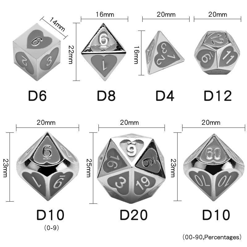 Love Heart Metal DND Dice Set
