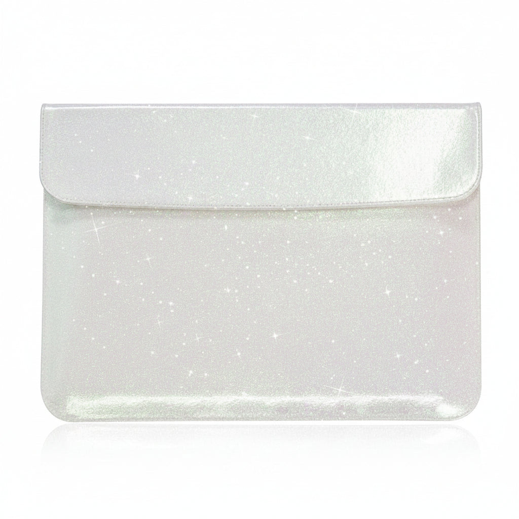 A rectangular iridescent pouch with a flap closure, covered in tiny white star-like sparkles, shown on a clean white background.