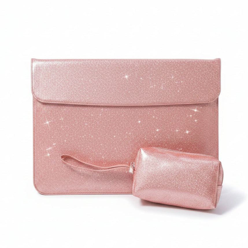 A pink sparkly laptop sleeve with a matching accessory bag on a plain white background