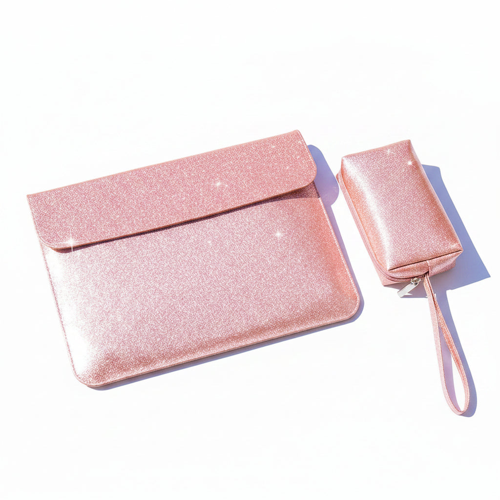 Pink sparkly glitter laptop sleeve with matching zip pouch