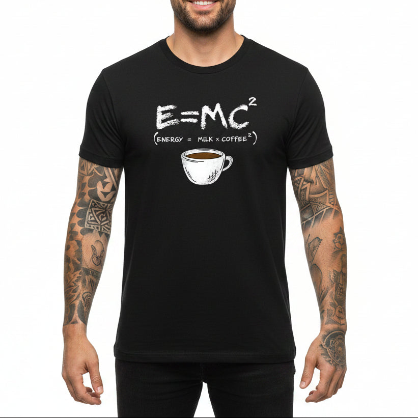 Energy equals milk and coffee men's graphic T-shirt in black