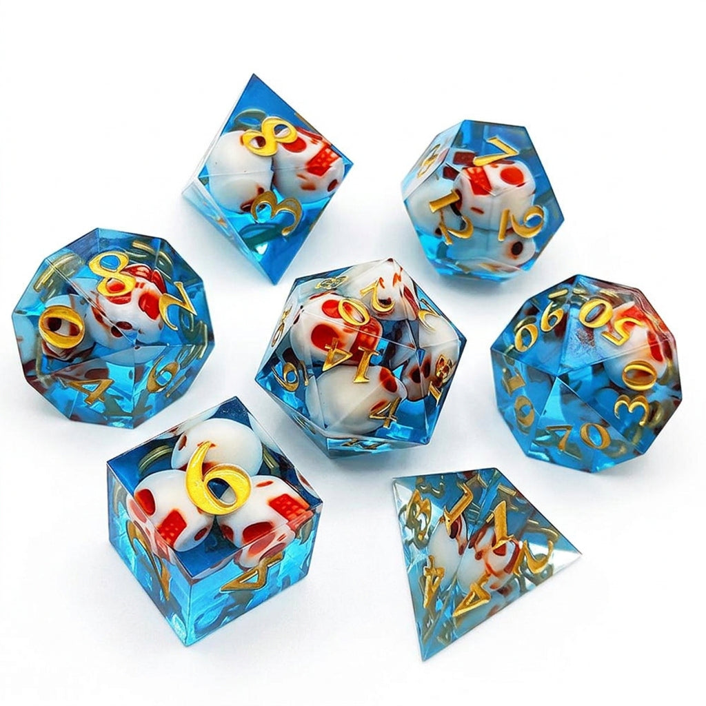 Seven translucent blue resin polyhedral dice with embedded skull details and numbered faces