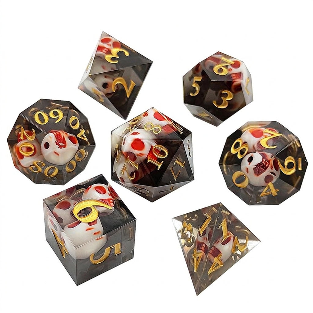 Seven translucent black resin polyhedral dice with embedded skull details and numbered faces