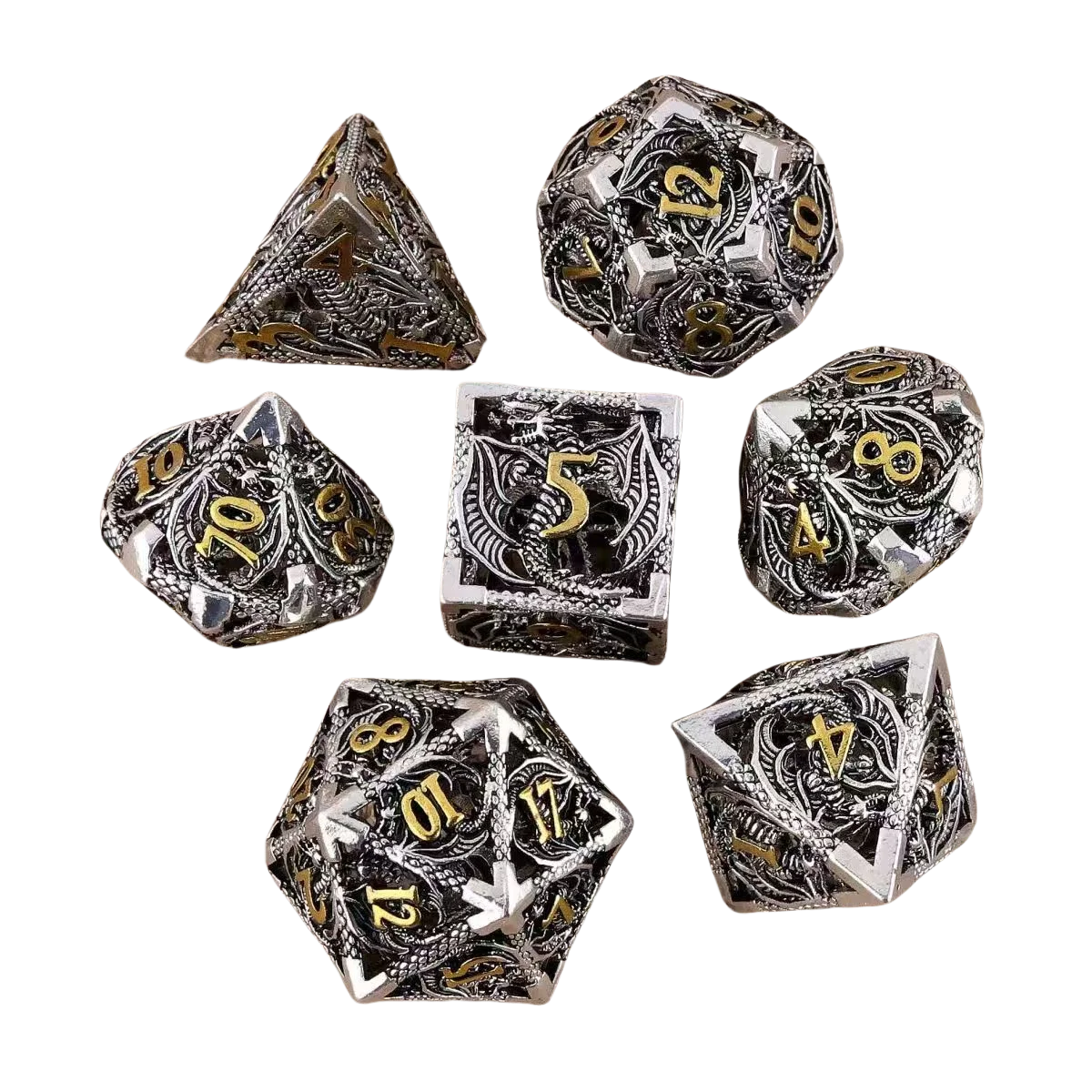 Hollow Dragon Metal Dice Set – 7-Piece RPG Dice