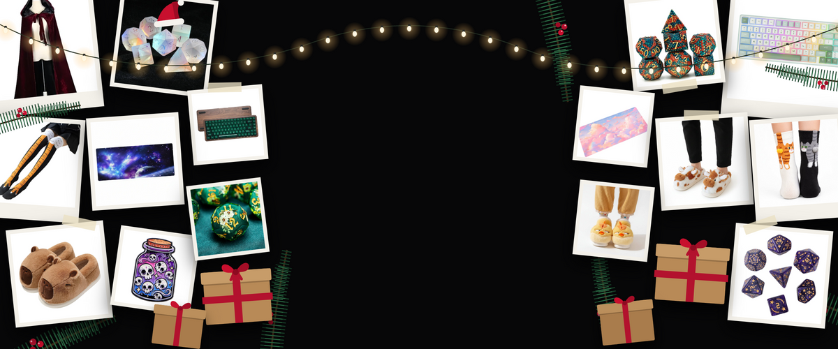 Polaroid photos of nerdy gifts – dice, mechanical keyboards, desk mats, novelty slippers and socks – with fairy lights, pine and wrapped presents