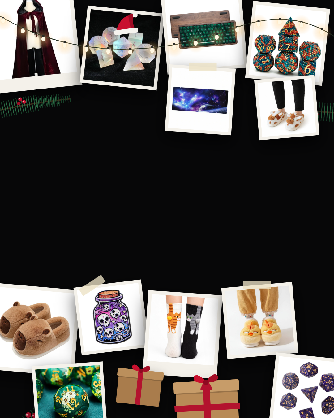 Polaroid photos of nerdy gifts – dice, keyboards, slippers and socks – with fairy lights and wrapped presents